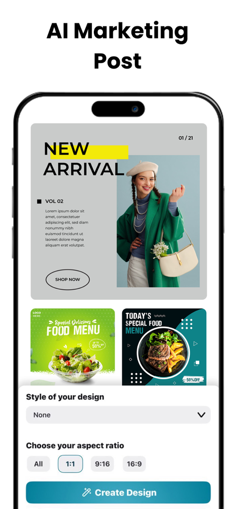 Mobile App-Oberfläche mit KI-Marketing-Post-Vorlagen für Mode und Lebensmittel mit Design- und Seitenverhältniseinstellungen
