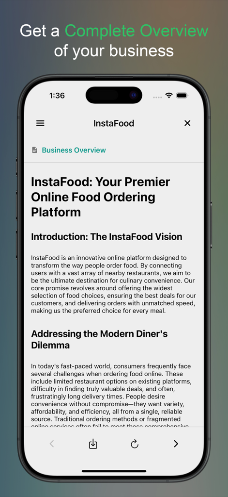 Startup AI: Idea Validator - A mobile app interface showing an AI generated business overview for a startup named InstaFood