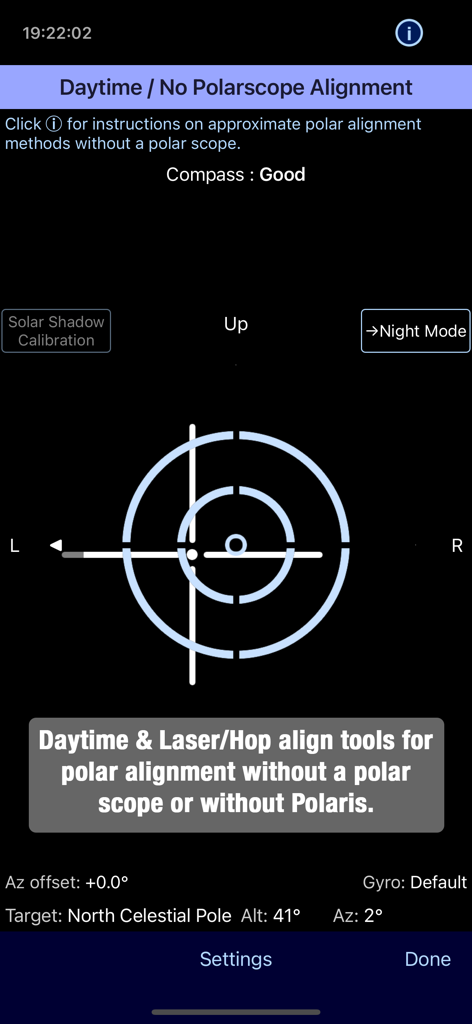 Interface da ferramenta de alinhamento diurno e sem escopo polar no aplicativo Polar Scope Align Pro