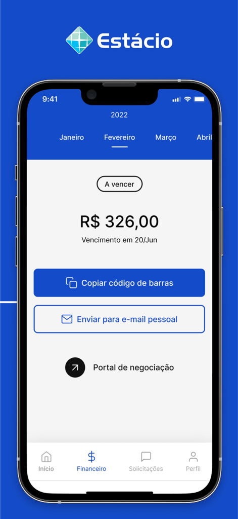 Minha Estacio mobile app screen showing a student tuition payment due with options to copy the barcode or send to email