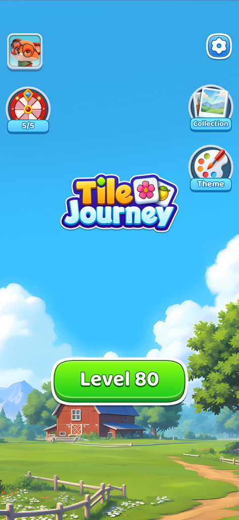 Tile Journey - Matching Puzzle - The main menu of Tile Journey Matching Puzzle featuring a scenic countryside background with a red barn and a green level 80 button.