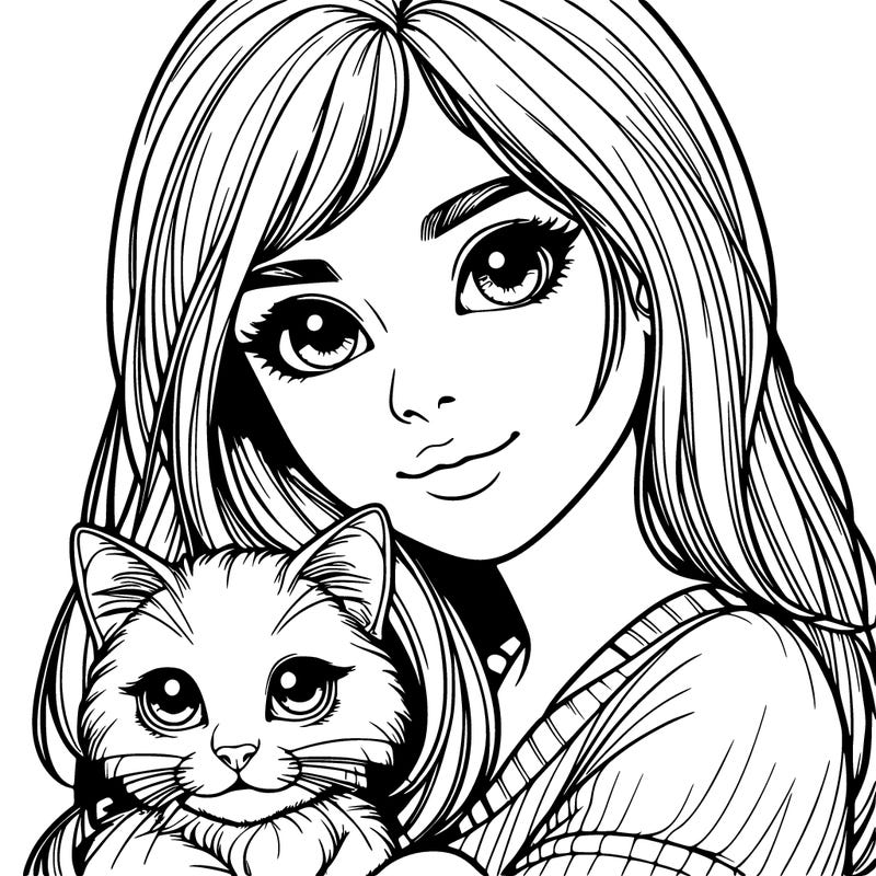 realistic girl with cat