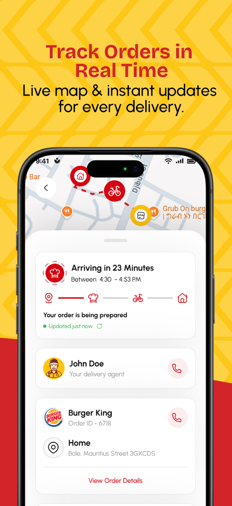 klik Delivery - Food, Shopping - The klik Delivery app interface showing real-time order tracking on a live map for a Burger King delivery.