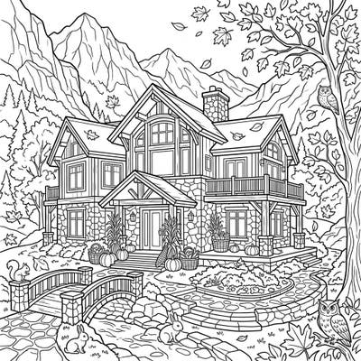 Immerse yourself in the serene beauty of autumn with this stunning coloring page featuring a magnificent mountain mansion. Adorned with falling leaves and rustic fall decorations, it offers a perfect escape for detailed coloring.
