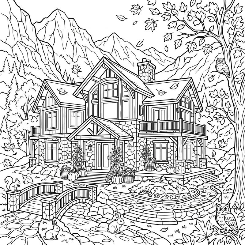 Immerse yourself in the serene beauty of autumn with this stunning coloring page featuring a magnificent mountain mansion. Adorned with falling leaves and rustic fall decorations, it offers a perfect escape for detailed coloring.