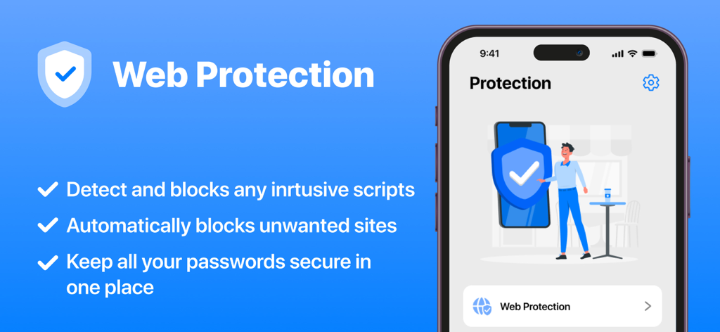 Total Security - Safe & Secure - Web protection interface of Total Security app showing features like blocking scripts and unwanted sites