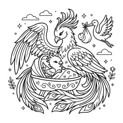 Welcome new life with this heartwarming phoenix baby shower coloring page, blending mythical wonder with tender nursery elements. It's the perfect way to celebrate new beginnings.