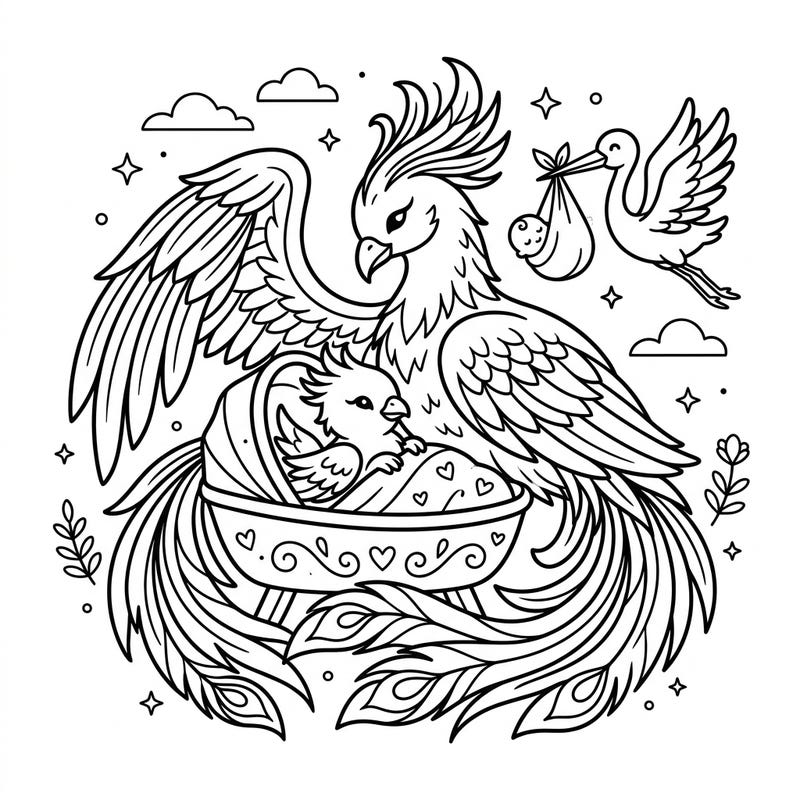 Welcome new life with this heartwarming phoenix baby shower coloring page, blending mythical wonder with tender nursery elements. It's the perfect way to celebrate new beginnings.