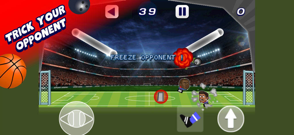 Soccer Heads Football Game - Soccer Heads Football Game screenshot showing a frozen player and power ups in a stadium