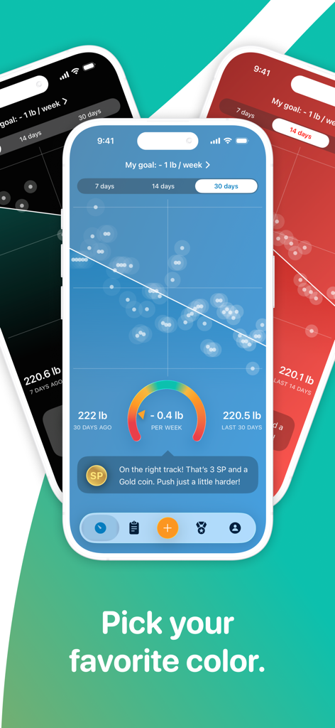 Three smartphones displaying the Scelta weight loss tracker app interface in different color themes.