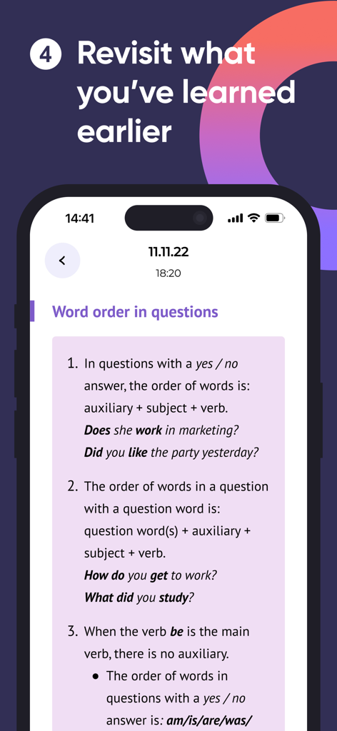 Englex: English Online - Englex app grammar lesson showing word order rules for questions