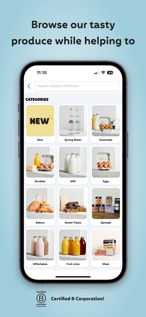Smartphone screen displaying Modern Milkman app grocery categories including milk eggs and bakery items