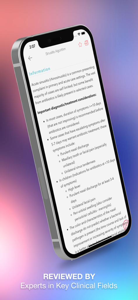 Mobile view of Harrisons Manual Medicine App displaying a clinical algorithm for sinusitis