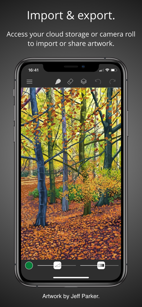 Brushes - IPhone screen displaying the Brushes 4 app with a digital forest painting and import export options