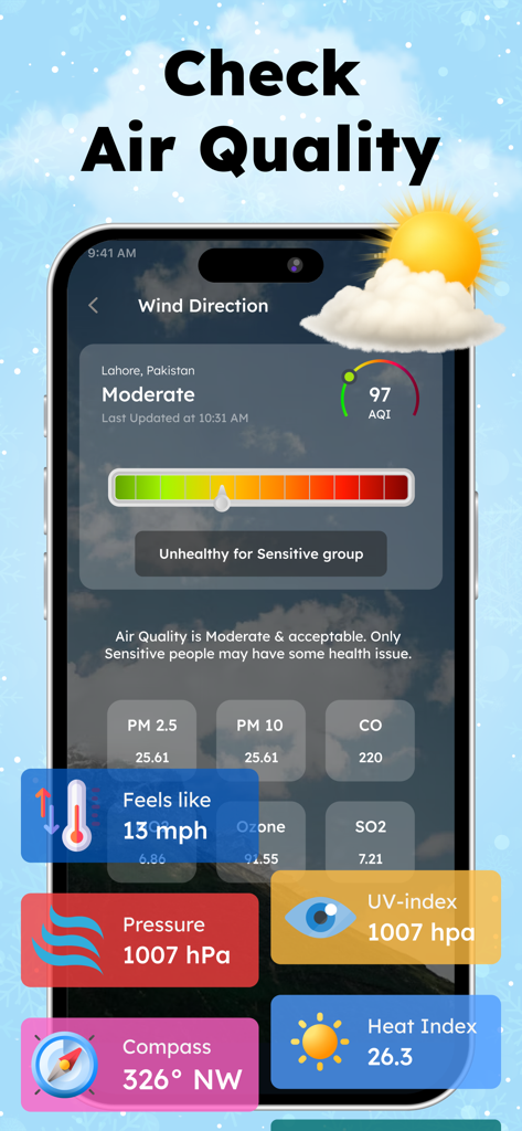 Air quality index dashboard and weather metrics display on a smartphone screen.