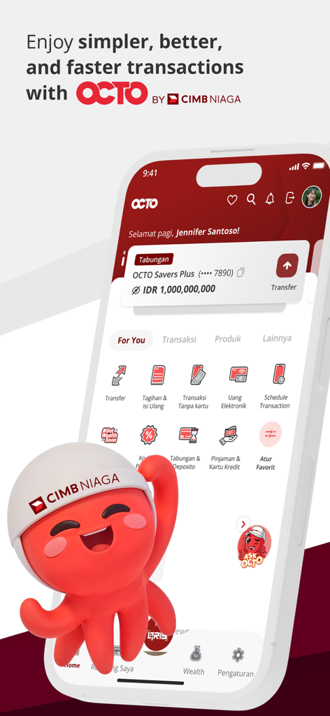 OCTO by CIMB Niaga - OCTO by CIMB Niaga mobile Banking-App-Oberfläche, die Kontostand und Symbole für Finanzdienstleistungen mit einem Oktopus-Maskottchen zeigt.