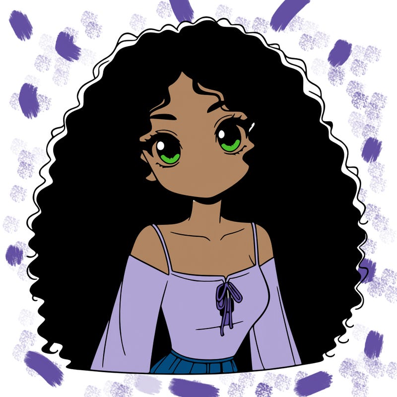 a black anime girl with long afro hair