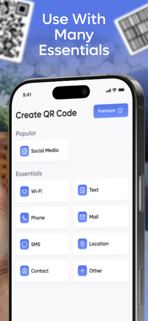 Screenshot of the Create QR Code interface showing options for Wi-Fi, Social Media, and Contact details.