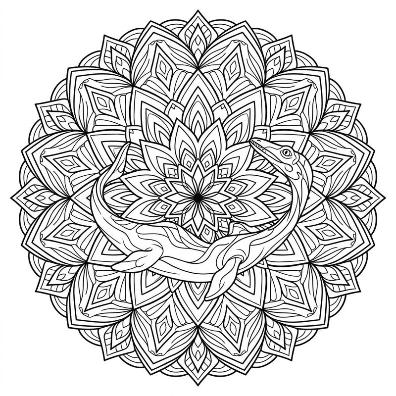 Explore the ancient world with this captivating Mixosaurus mandala coloring page. This intricate design blends a primitive ichthyosaur with stunning geometric patterns for a truly unique and relaxing creative experience.