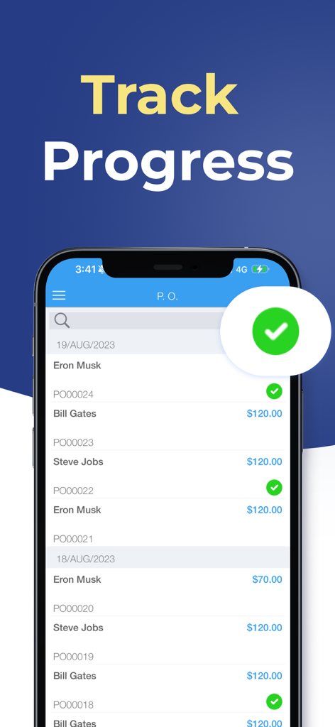 Purchase Order PRO - PO Maker - A smartphone screen displaying a list of purchase orders with status checkmarks for progress tracking