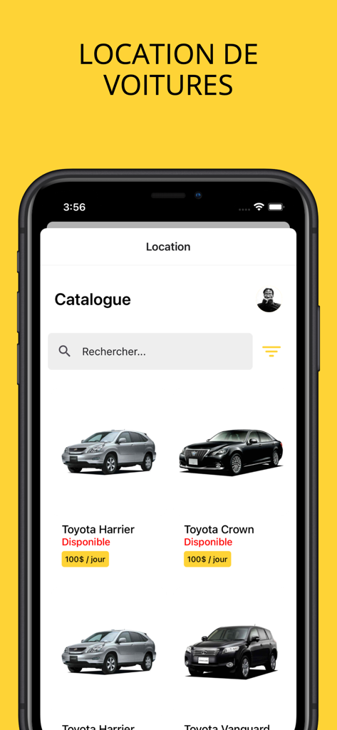 일일 가격이 포함된 Toyota 자동차 모델을 특징으로 하는 Motuka 모바일 앱 인터페이스의 자동차 렌탈 목록