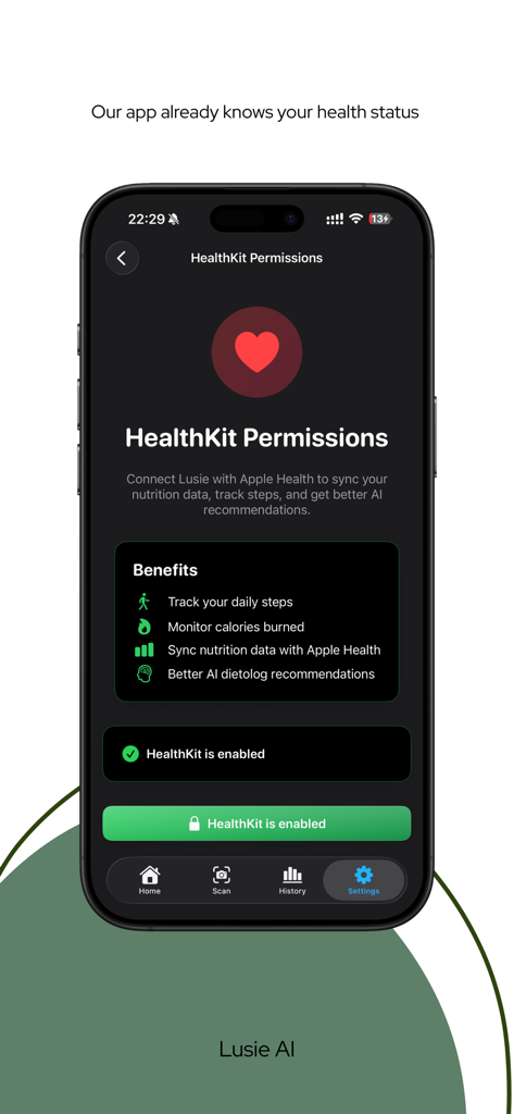 Pantalla de permisos de HealthKit de la aplicación Lusie AI para sincronizar datos de salud.