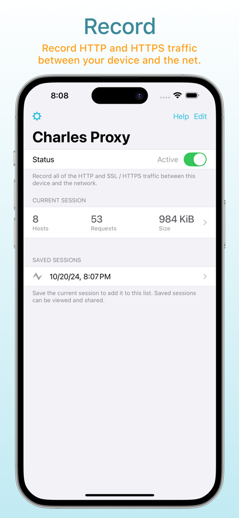 セッション統計とともにHTTPおよびHTTPSネットワークトラフィックを記録しているiPhone上のCharles Proxyアプリ
