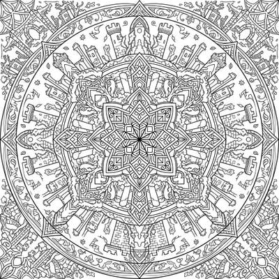 Unleash your creativity with this stunning Ruined Castle Mandala coloring page. Immerse yourself in the symmetrical beauty of ancient fortresses intertwined with intricate patterns, offering a captivating artistic challenge.
