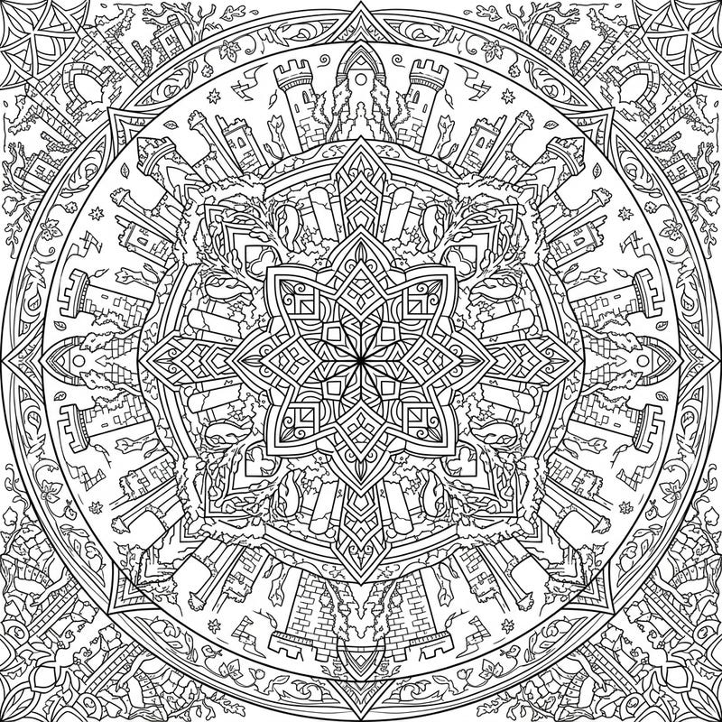 Unleash your creativity with this stunning Ruined Castle Mandala coloring page. Immerse yourself in the symmetrical beauty of ancient fortresses intertwined with intricate patterns, offering a captivating artistic challenge.