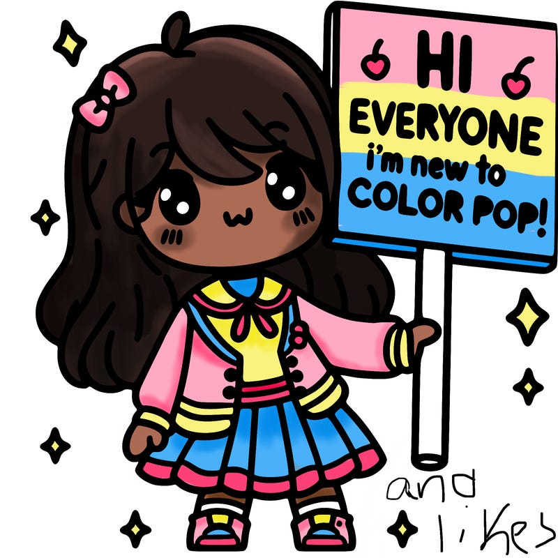 a cute girl holding a sign that says hi everyone i’m new to color pop!