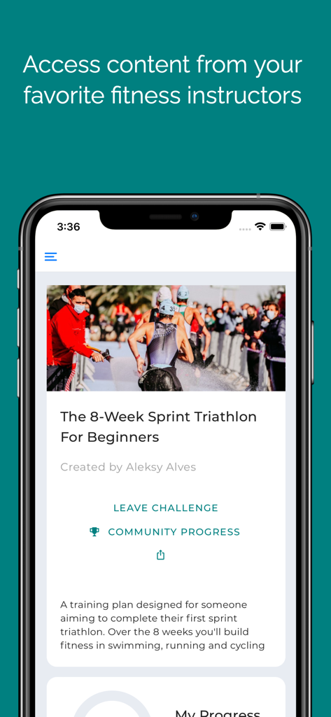 Move: Workout and fitness - Ein Smartphone-Bildschirm, der eine Move-Fitness-App-Challenge mit dem Titel 'The 8-Week Sprint Triathlon For Beginners' von Aleksy Alves anzeigt.