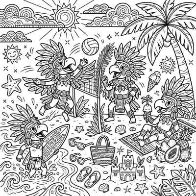 Embark on an epic summer adventure with our unique Aztec Eagle Warriors coloring page! Watch as these legendary figures enjoy a lively beach day, complete with surfing, volleyball, and tropical relaxation.