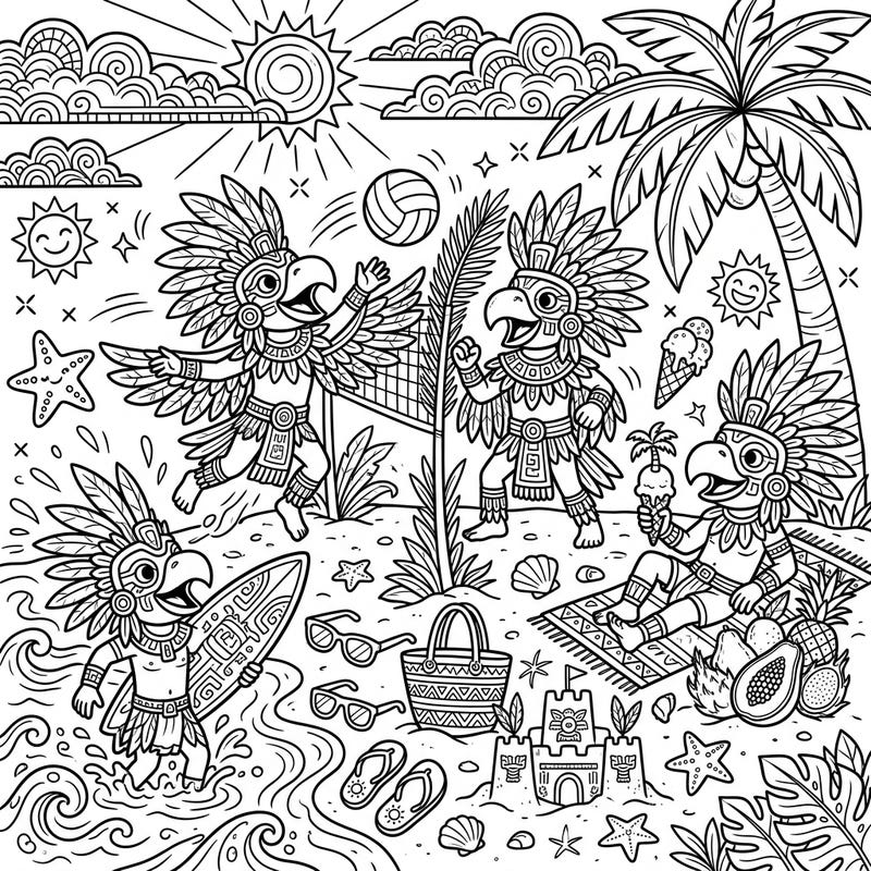 Embark on an epic summer adventure with our unique Aztec Eagle Warriors coloring page! Watch as these legendary figures enjoy a lively beach day, complete with surfing, volleyball, and tropical relaxation.