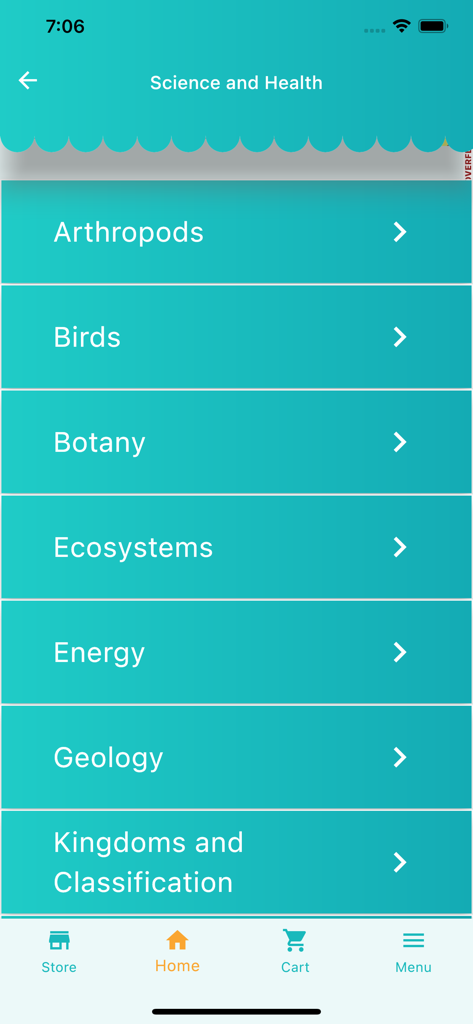 List of science and health curriculum topics including birds botany and ecosystems in the Homeschool Good and Beautiful app.