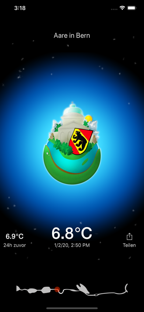Aare App-Oberfläche, die die aktuelle Wassertemperatur in Bern, Schweiz, anzeigt