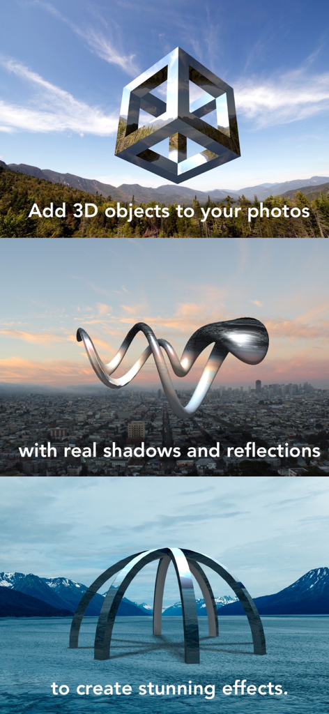 Matter - 3D Effects - A series of photos showcasing reflective 3D geometric objects seamlessly integrated into natural and urban landscapes