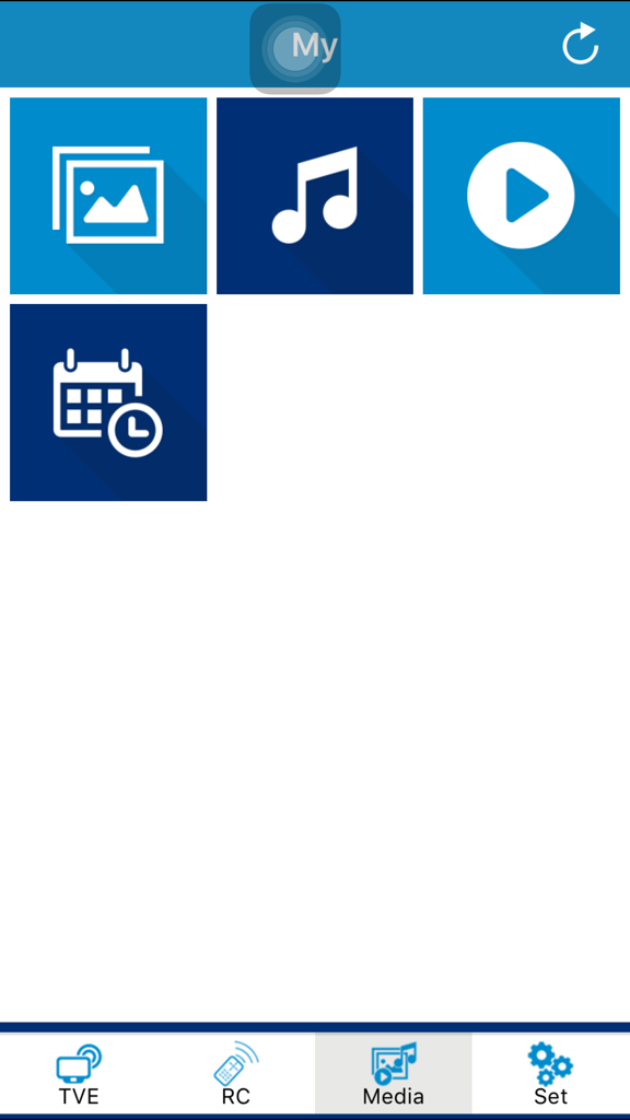 Orbit Cable app interface showing media sharing options for photos music and videos