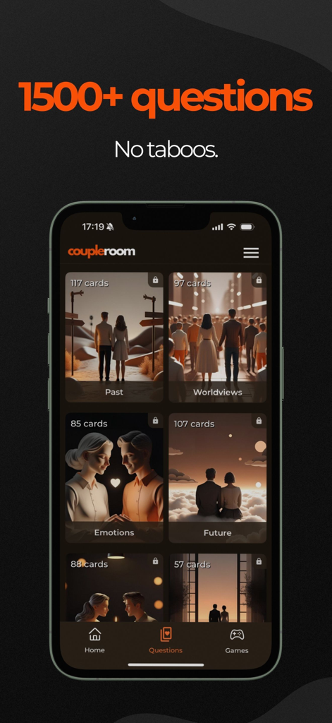 Coupleroom: Game For Couples - The Coupleroom app showing different decks of relationship questions for couples including past and emotions