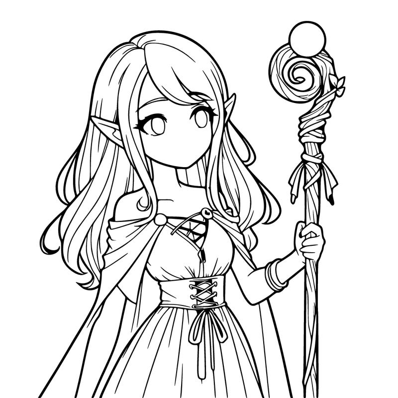 realistic girl elf with staff