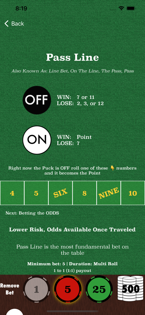Learn Craps - A tutorial screen from the Learn Craps app explaining the Pass Line bet rules and payouts