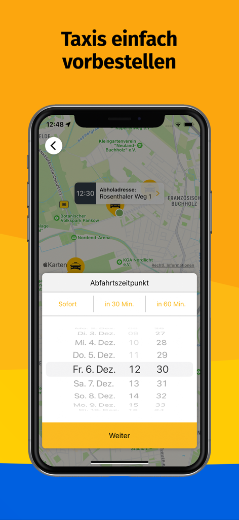 Interface of the taxi.eu app showing how to schedule and pre-book a taxi ride in Europe.