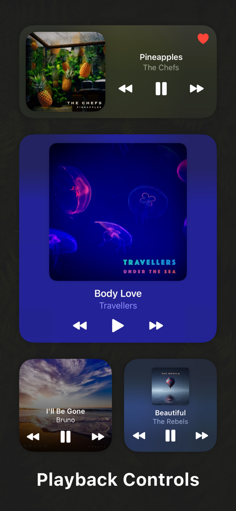 WidgetPod - Music Widget - A variety of customizable music widgets for iOS showing playback controls and album artwork.