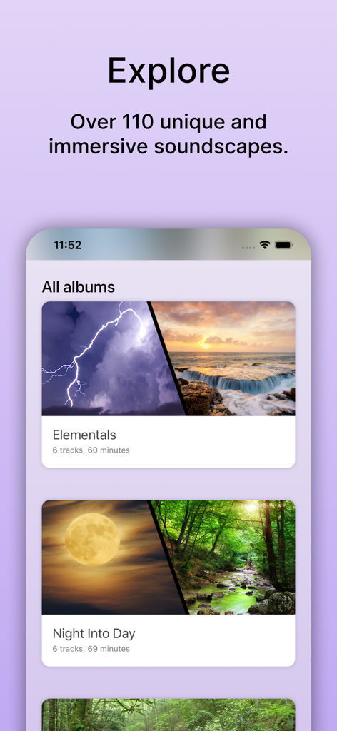 Pantalla de exploración de la aplicación Pure Nature mostrando álbumes inmersivos de paisajes sonoros de la naturaleza