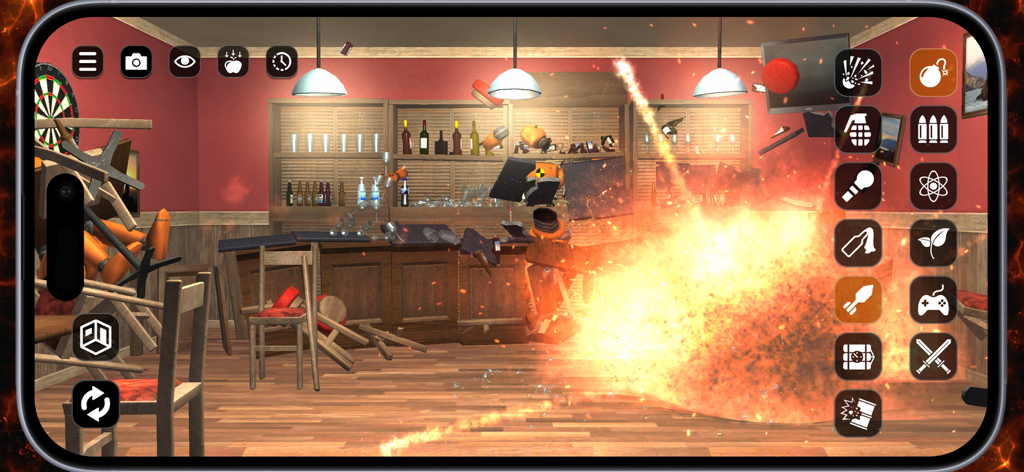 Room Smash - Room Smash gameplay showing a large explosion and physics based destruction in a bar environment