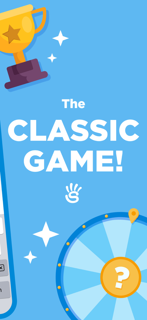 A promotional graphic for Stop 2 Word Trivia Game featuring a trophy and a prize wheel.