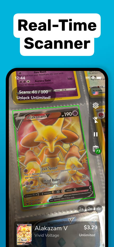 Smartphone screen showing the DittoDex real time AI scanner identifying a Pokemon card