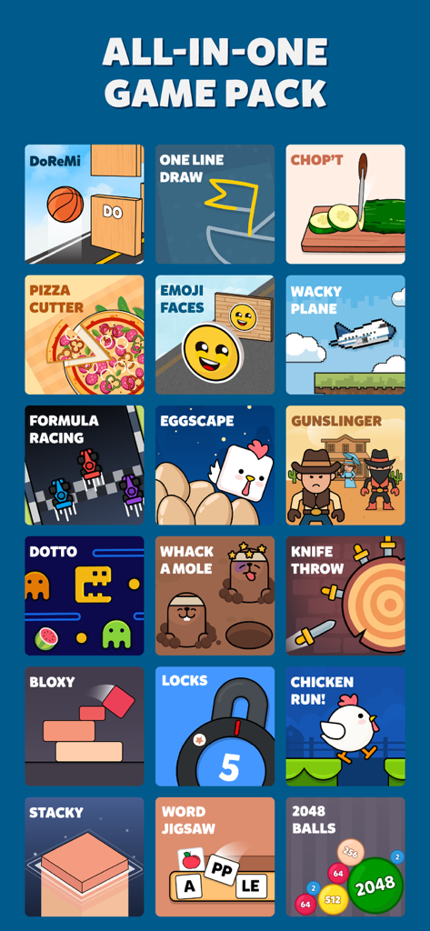 Mini Games: Calm & Relax - 미니 게임 차분함 및 휴식 앱의 퍼즐, 레이싱, 아케이드 게임을 포함한 다양한 미니 게임 아이콘 그리드.