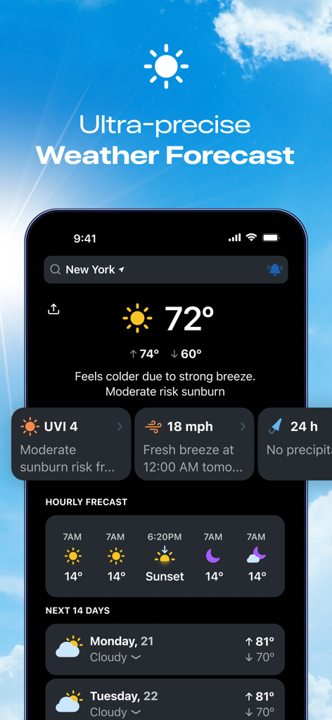 Smartphone screen displaying the Clime app with a 14-day weather forecast and current conditions for New York.