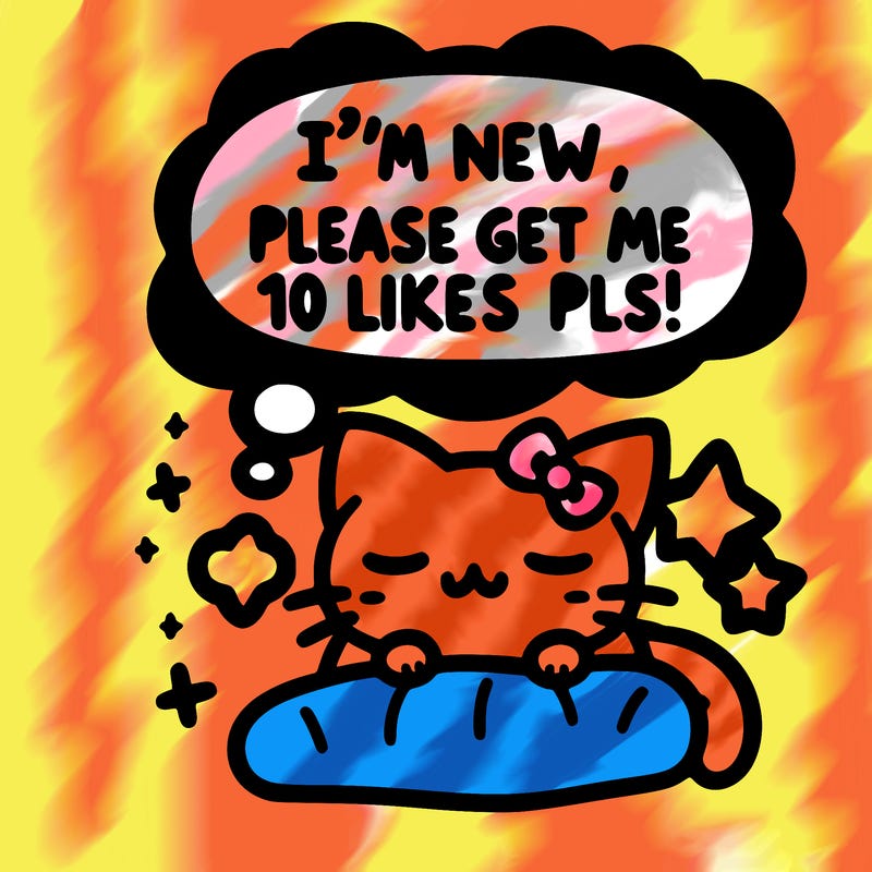 kitty taking a nap dream talking and saying "i'm new, please get me at least 10 likes pls!!"