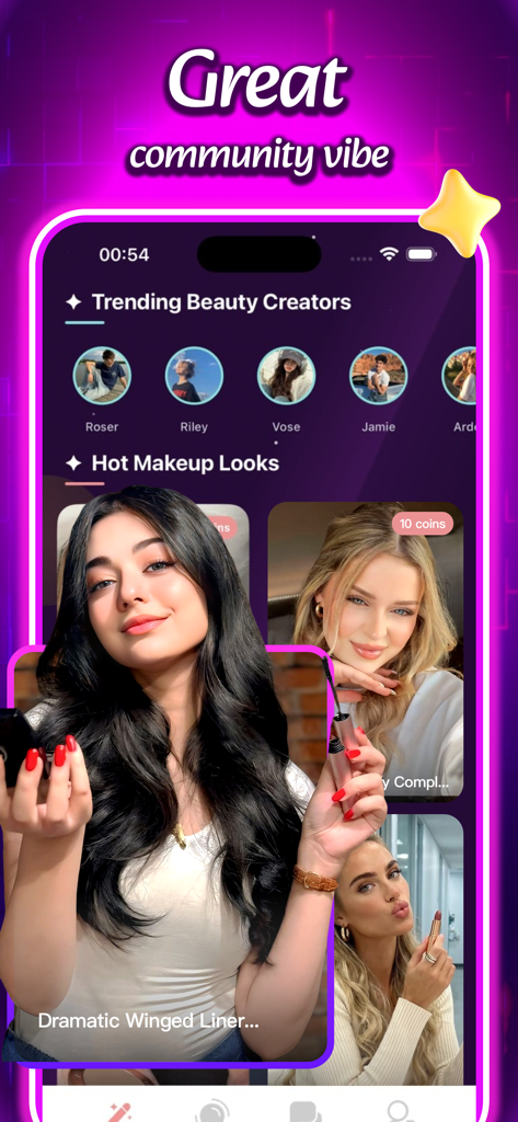 Tove - Un'interfaccia mobile per l'app Tove che mostra un feed di creator di bellezza di tendenza e video tutorial di makeup